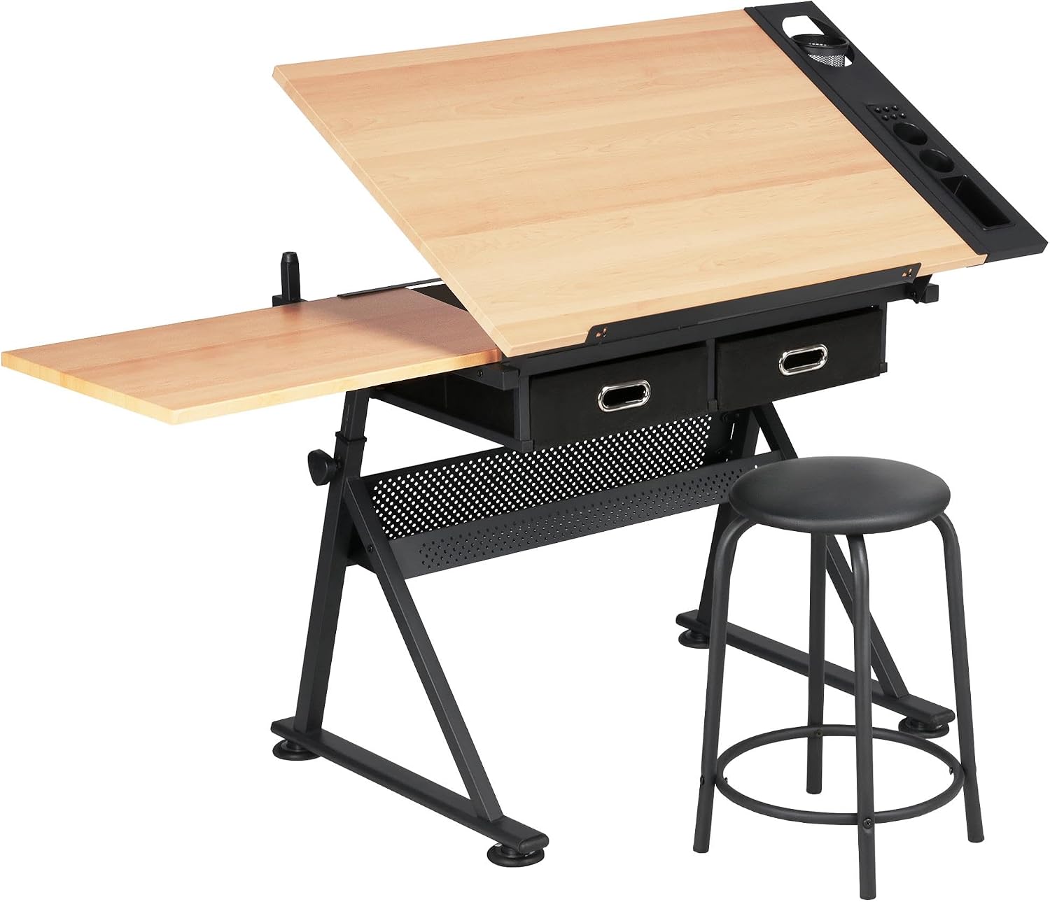 Office Furniture And Desks - โต๊ะเขียนแบบปรับระดับได้พร้อมเก้าอี้เข้าชุด, โต๊ะวาดภาพปรับเอียงได้พร้อมลิ้นชักเก็บของสำหรับโฮมออฟฟิศหรือสตูดิโอ, เฟอร์นิเจอร์ศิลปินสไตล์โมเดิร์น, สีไม้, ชุดสองชิ้น
