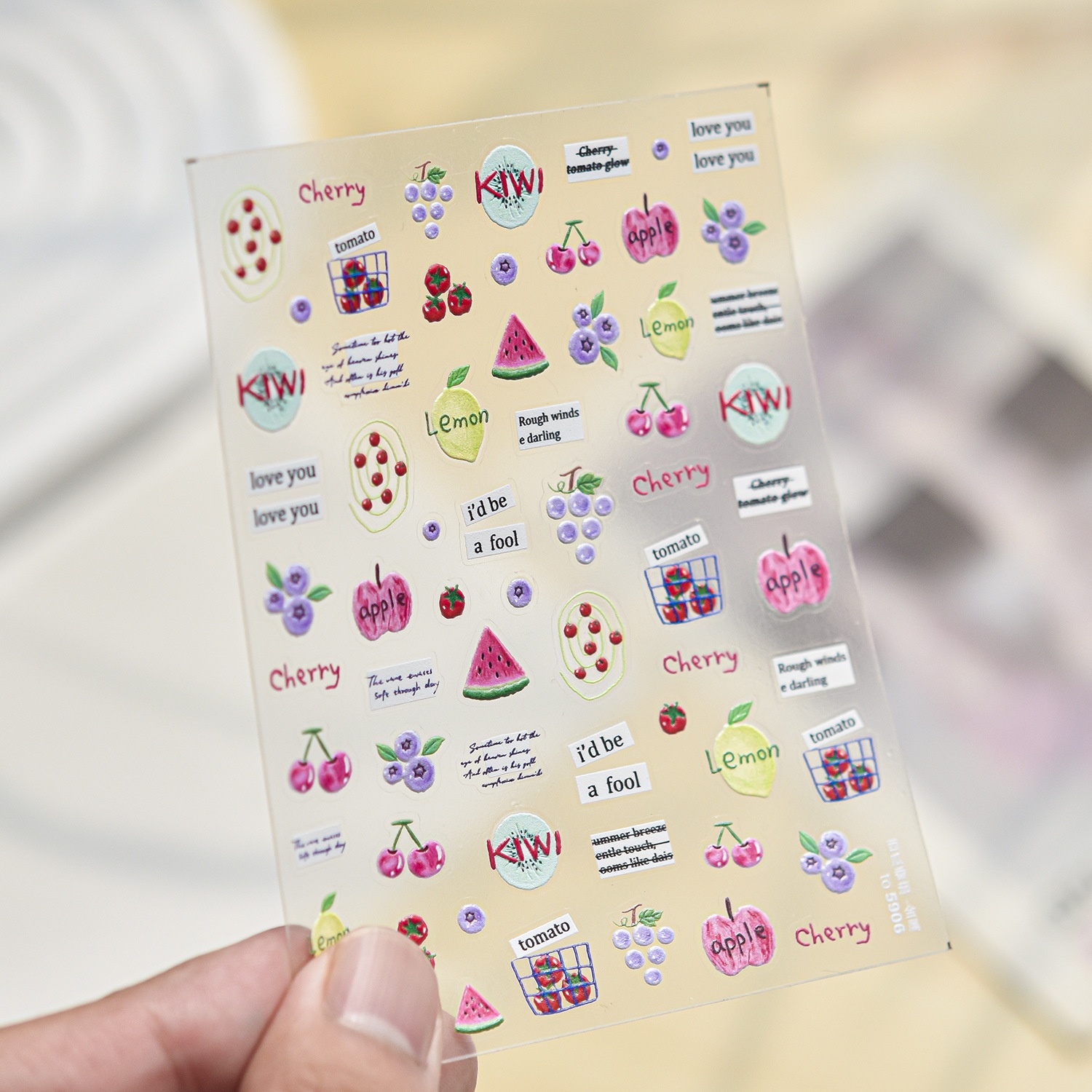 Paper Basket Mesh - สติกเกอร์ติดเล็บลายผลไม้สด 5 มิติ ลายกีวี มะเขือเทศเชอร์รี่ แตงโม