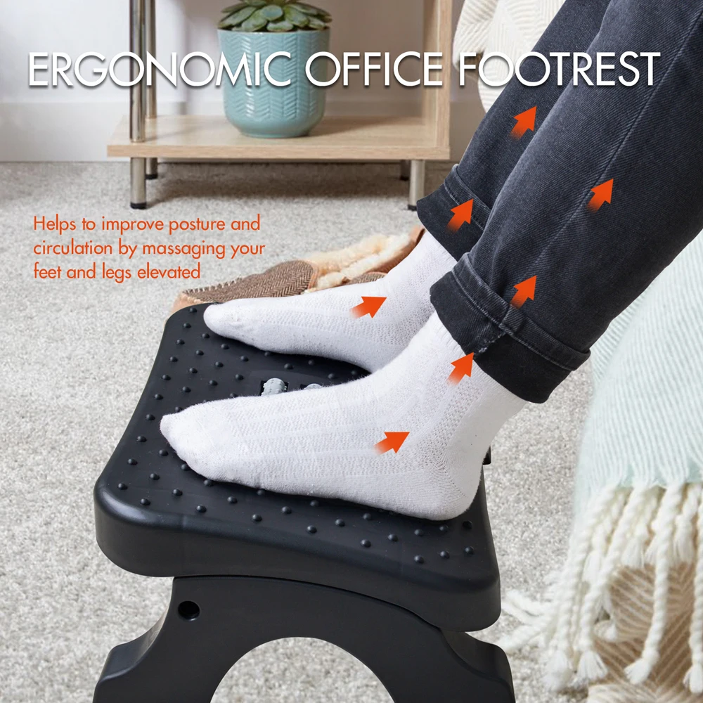 Office Furniture Wholesale - ที่วางเท้าใต้โต๊ะตามหลักสรีรศาสตร์พร้อมลูกกลิ้งนวด รองรับน้ำหนักได้ 120 ปอนด์ ปรับความสูงได้ บรรเทาอาการปวดสำหรับสำนักงานและที่บ้าน