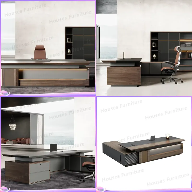 Office Furniture And Desks - โต๊ะทำงานผู้บริหารหรูหรา ไม้เนื้อแข็ง เฟอร์นิเจอร์สำนักงาน สีน้ำตาล โต๊ะซีอีโอ ผู้จัดการ